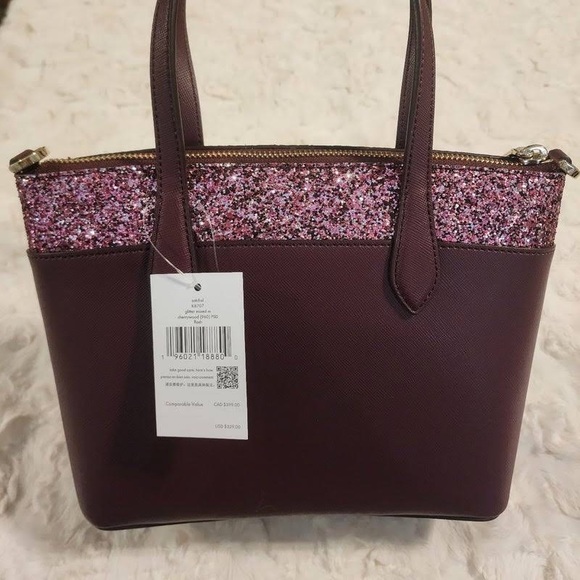 Kate spade 
Flash glitter satchel 
Cherrywood 
New with tags/original packaging - Picture 2 of 4